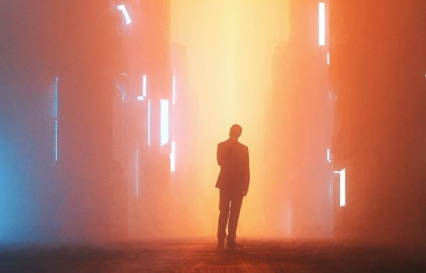 man standing between futuristic buildings